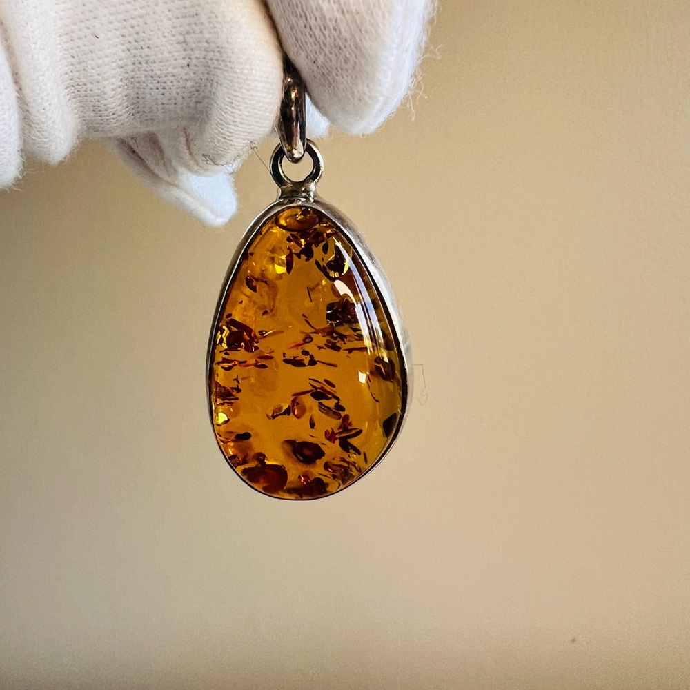 Baltic Amber Teardrop Pendant Sterling Silver - Honey Amber